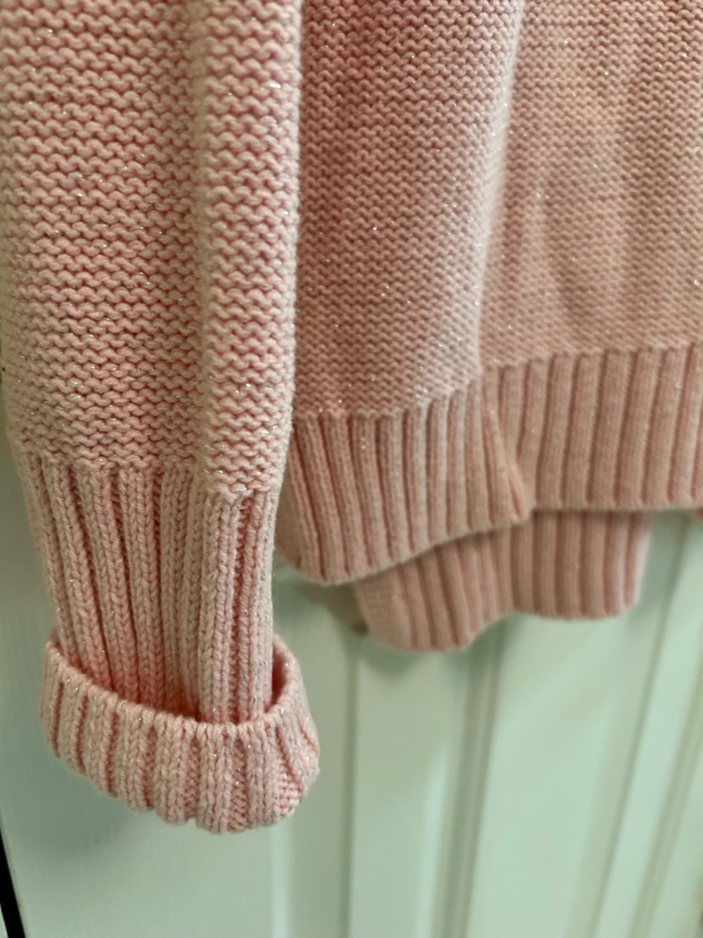 Chaps Pink Cable Knit Sweater Silver Metallic Thread Size Large - Picture 4 of 9